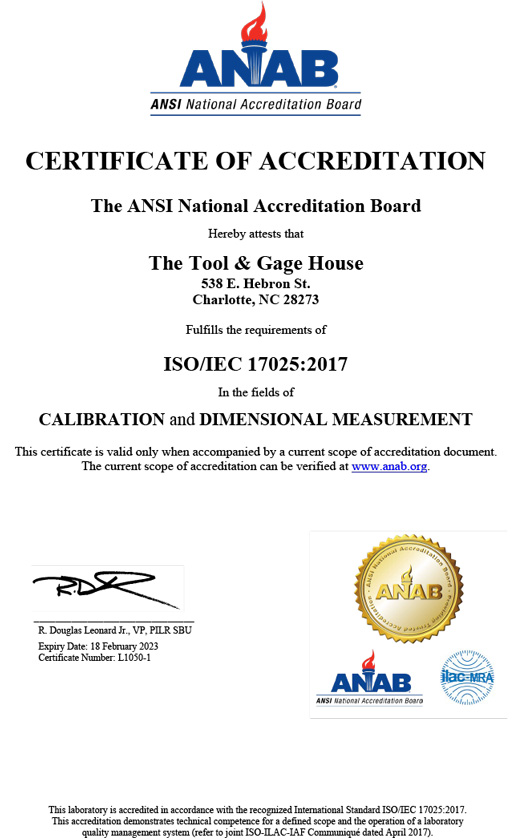 The Tool & Gage House Certificate of Accreditation